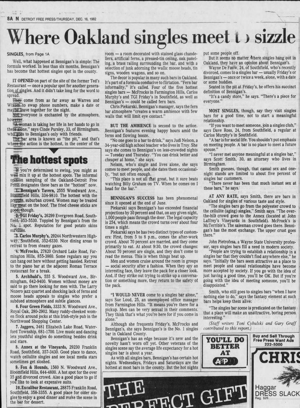 Bennigan’s - Dec 16 1982 Bennigans Hottest Singles Spot